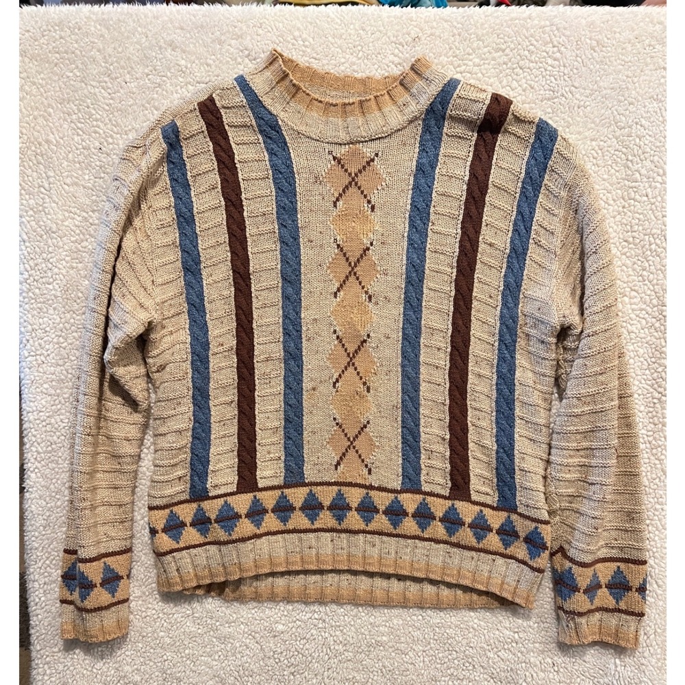 Lizwear Vintage Cable Knit Argyle Sweater Tan Blue Brown Made in USA Large